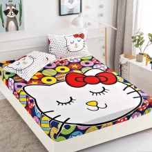 Set Husa de pat din Bumbac Finet cu elastic si 2 fete de perna Hello Kitty 160 x 200 cm