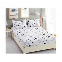 Set Husa de pat din Bumbac Finet cu elastic si 2 fete de perna Alba cu stele 160 x 200 cm