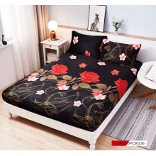 Set Husa de pat Cocolino cu elastic si 2 fete de perna pentru pat dublu 180 x 200 cm Neagra cu flori