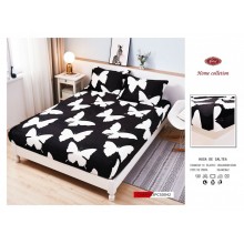 Set Husa de pat Cocolino cu elastic si 2 fete de perna pentru pat dublu 180 x 200 cm Neagra cu fluturi albi