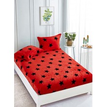 Set Husa de pat Cocolino cu elastic si 2 fete de perna pentru pat dublu 180 x 200 cm Rosie cu stele negre