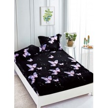 Set Husa de pat Cocolino cu elastic si 2 fete de perna pentru pat dublu 180 x 200 cm Neagra cu fluturi