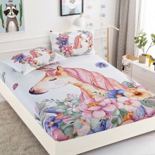 Set Husa de pat din Bumbac Finet cu elastic si 2 fete de perna Unicorn 160 x 200 cm