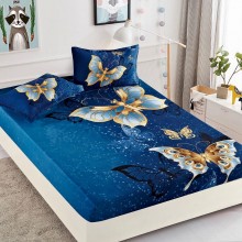 Set Husa de pat din Bumbac Finet cu elastic si 2 fete de perna Fluturi 160 x 200 cm
