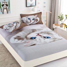 Set Husa de pat din Bumbac Finet cu elastic si 2 fete de perna Little cat 160 x 200 cm